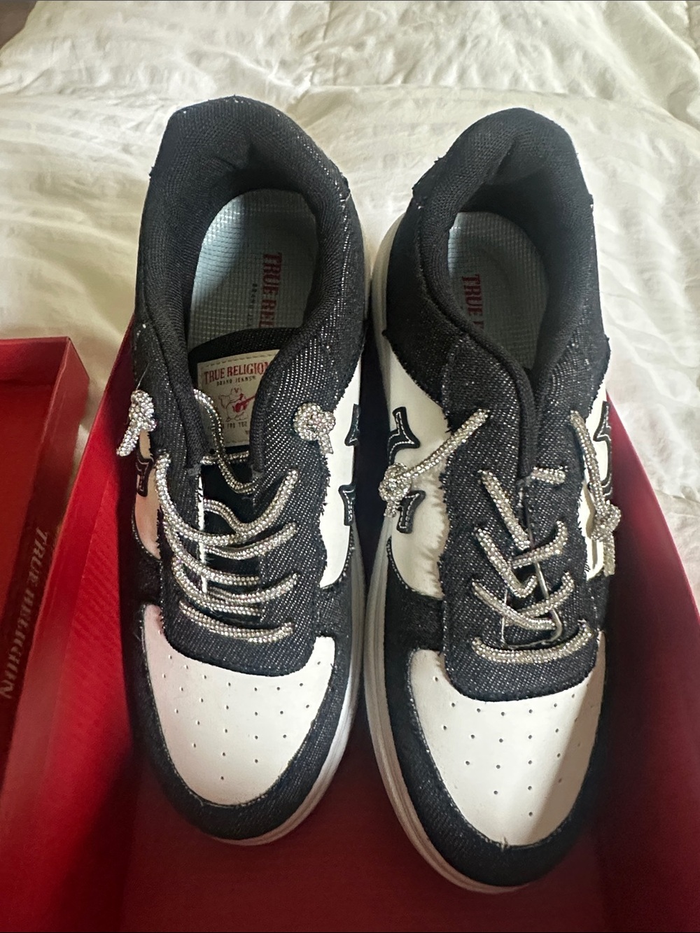 True Religion Black and White Rhinestone Lace Low-Top Sneakers